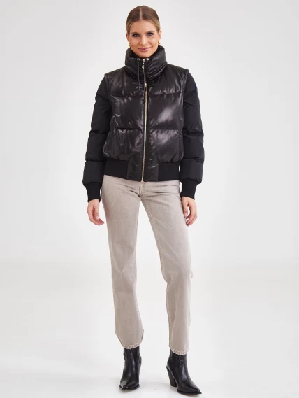 Комбинированный короткий кожаный женский пуховик премиум класса 3029, черный, размер 46, артикул 25330-5