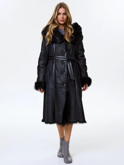 Черная женская дубленка из тосканы с капюшоном 132, размер 48, артикул 64590-6