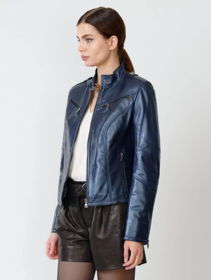 Кожаная куртка женская 399, синий перламутр, размер 46, артикул 90932-6