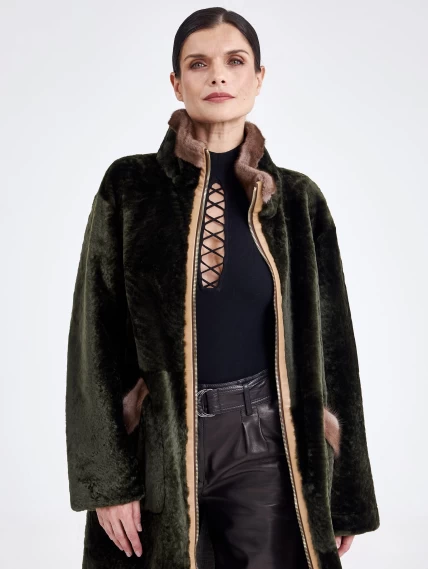 Женская двусторонняя дубленка из астрагана с мехом норки премиум класса 2018, хаки, размер 44, артикул 62770-6