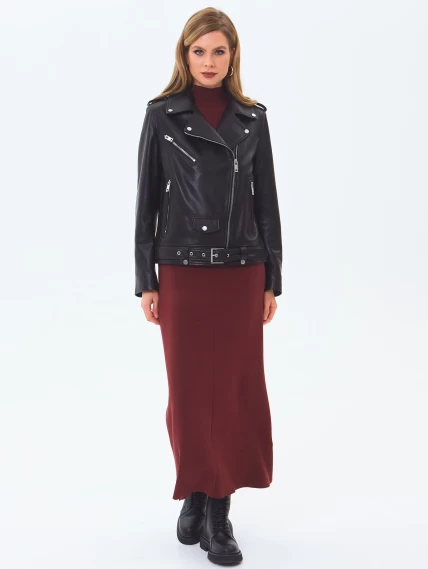 Кожаная женская куртка косуха с поясом премиум класса 3078, черная, размер 44, артикул 24510-6