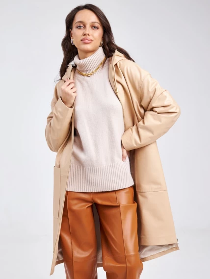 Кожаный женский плащ с капюшоном на молнии премиум класса 3034, бежевый, размер 48, артикул 91940-4