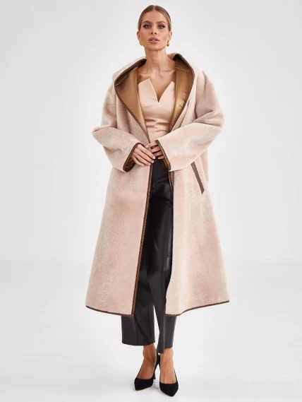 Женская двусторонняя дубленка халат с капюшоном премиум класса 2001/2, бежевая, размер 44, артикул 62421-1