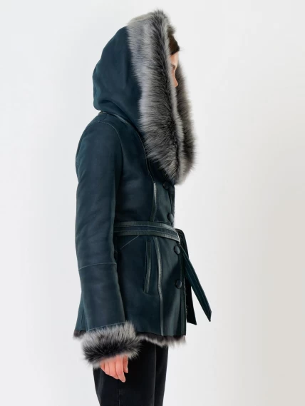 Короткая женская дубленка из тосканы с капюшоном 122, синяя, размер 40, артикул 61852-2