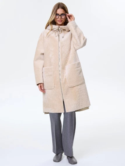 Длинное пальто из натуральной овчины астрагана с капюшоном для женщин премиум класса 2059, бежевое, размер 44, артикул 64340-1