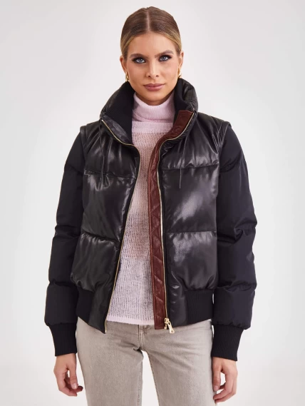 Комбинированный короткий кожаный женский пуховик премиум класса 3029, черный, размер 46, артикул 25330-4