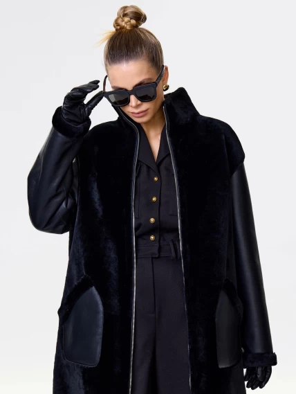 Длинная дубленка на молнии для женщин премиум класса 2050, черная, размер 50, артикул 62480-3