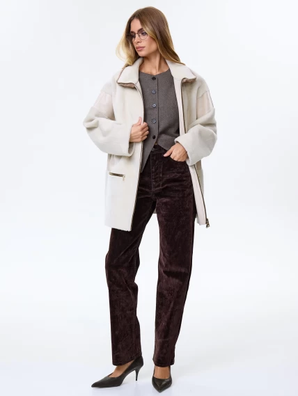 Женское полупальто с норковым воротником из натуральной овчины премиум класса 2057, белое, размер 44, артикул 64510-1