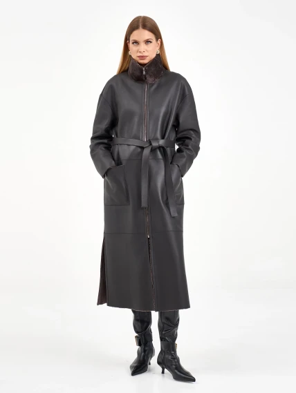 Коричневая длинная женская дубленка 2071, размер 48, артикул 64990-6