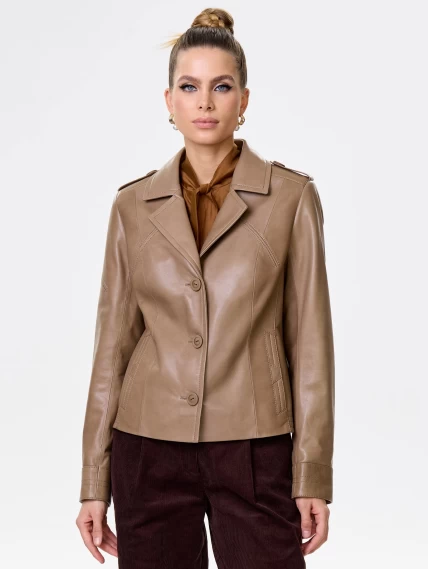 Короткая женская кожаная куртка пиджак 304, серо-коричневая, размер 46, артикул 90701-6