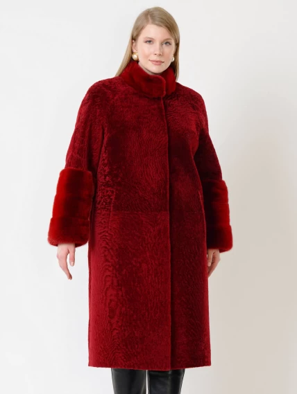 Дубленка из астрагана с отделкой мехом норки для женщин 52мех, бордовая, размер 50, артикул 17540-6