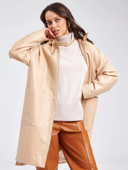 Кожаный женский плащ с капюшоном на молнии премиум класса 3034, бежевый, размер 48, артикул 91940-1