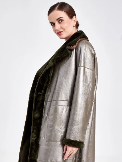Двусторонняя двубортная женская шуба из астрагана с мехом норки премиум класса 2017, хаки, размер 48, артикул 62791-4