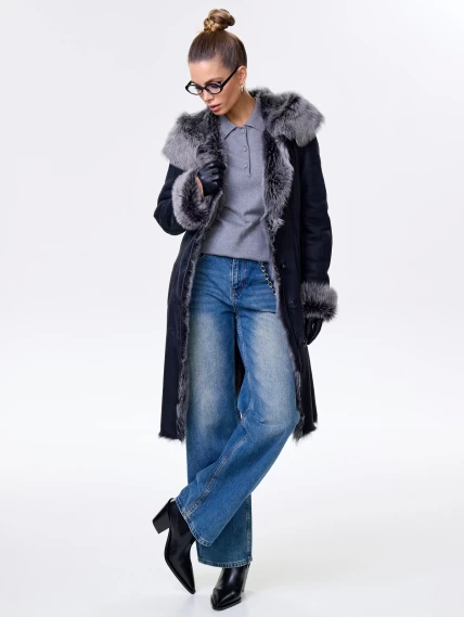 Длинная женская дубленка из тосканы с капюшоном 123нк, черная, размер 52, артикул 61893-7