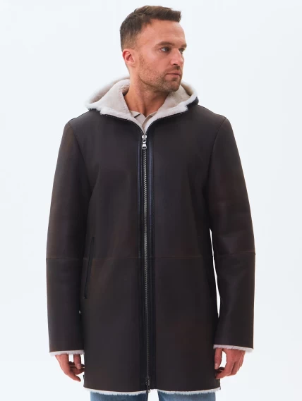 Длинная мужская дубленка из натуральной овчины премиум класса 438, коричневая, размер 48, артикул 41180-3