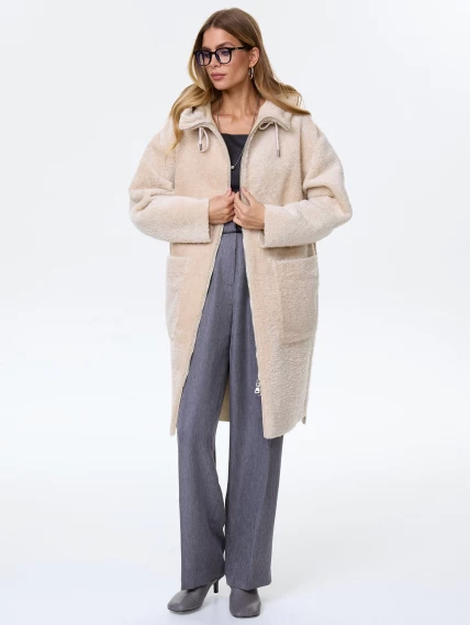 Длинная дубленка из астрагана с капюшоном для женщин премиум класса 2059, бежевая, размер 44, артикул 64120-2