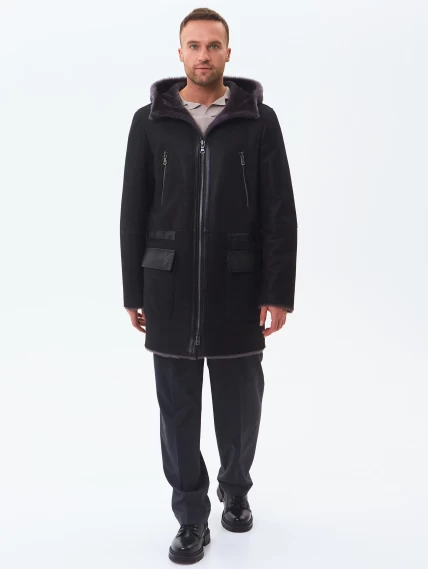 Длинная мужская дубленка с капюшоном премиум класса 429, черная, размер 48, артикул 71461-6
