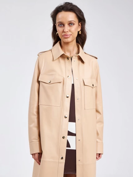 Кожаный женский плащ рубашка премиум класса 03, бежевый, размер 48, артикул 25720-4