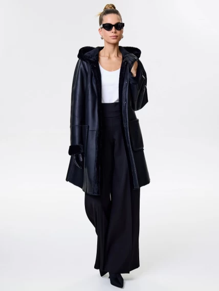 Женская классическая дубленка с капюшоном премиум класса 2004, черная, размер 56, артикул 62820-6