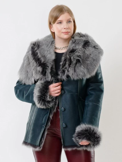 Короткая женская дубленка из тосканы с капюшоном 122, синяя, размер 40, артикул 62040-1