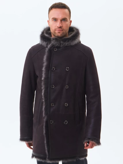 Двубортная мужская дубленка из тосканы с капюшоном премиум класса 415, коричневая, размер 52, артикул 71600-7