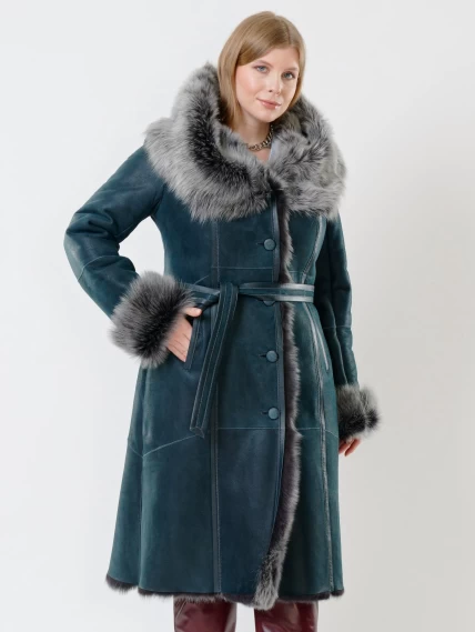 Длинная дубленка из тосканы с капюшоном для женщин 132, синяя, размер 44, артикул 62110-0