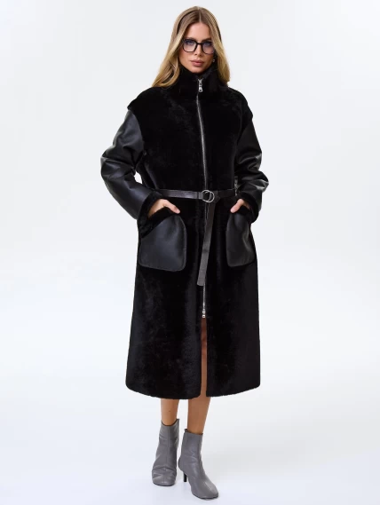 Длинное женское пальто из натуральной овчины премиум класса 2050, черное, размер 46, артикул 64310-4