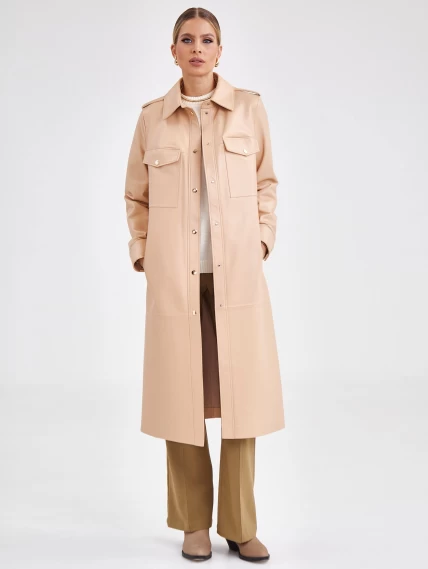 Платье рубашка кожаная женская из натуральной кожи премиум класса 03, бежевая, размер 44, артикул 23181-5