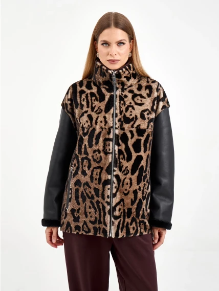 Короткая комбинированная женская дубленка 2076, коричневая, размер 46, артикул 65100-2