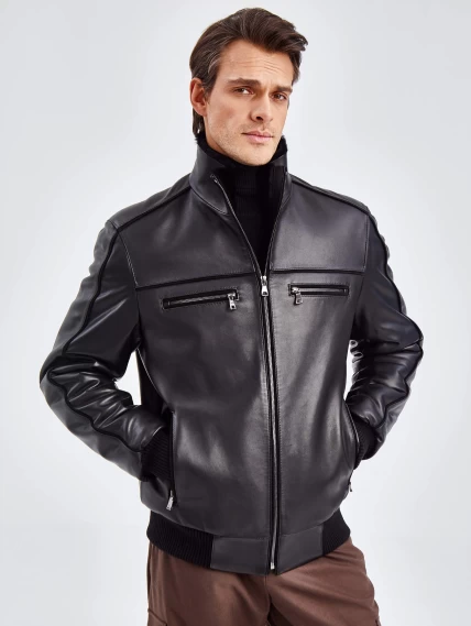 Короткая кожаная мужская дубленка бомбер 515, черная, размер 50, артикул 40261-1