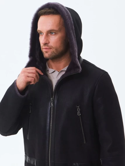 Длинная мужская дубленка с капюшоном премиум класса 429, черная, размер 48, артикул 71461-2