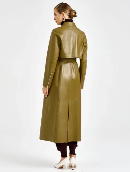 Зеленый женский длинный кожаный плащ премиум класса 3103, размер 44, артикул 92130-5
