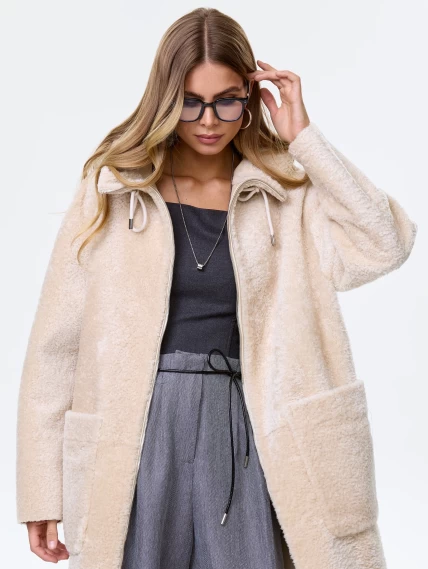 Длинное пальто из натуральной овчины астрагана с капюшоном для женщин премиум класса 2059, бежевое, размер 44, артикул 64340-4