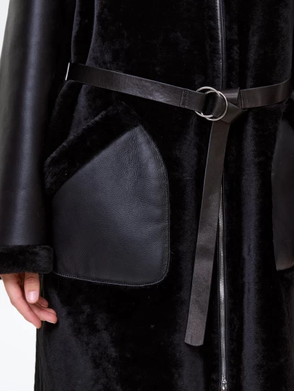 Длинное женское пальто из натуральной овчины премиум класса 2050, черное, размер 46, артикул 64310-3