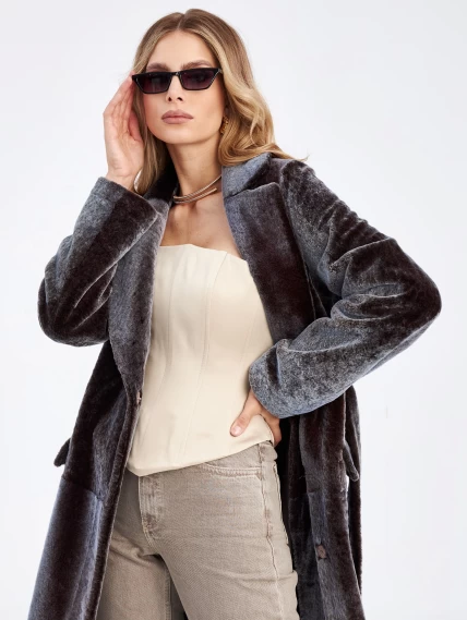 Длинная двусторонняя женская дубленка из астрагана с поясом премиум класса 2048, баклажановая, размер 50, артикул 63270-1