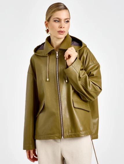 Женская кожаная куртка с капюшоном премиум класса 3102, зеленая, размер 44, артикул 92160-0