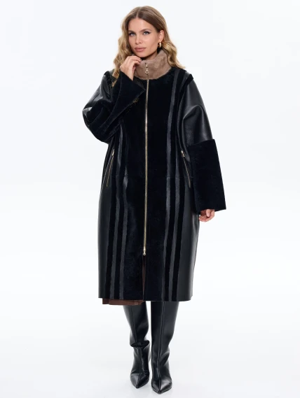 Женская дубленка на молнии с норковым воротником премиум класса 2040, черная, размер 46, артикул 63120-6