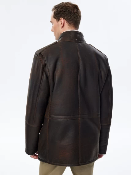 Дубленка мужская с капюшоном премиум класса 433, коричневая, размер 48, артикул 70751-5