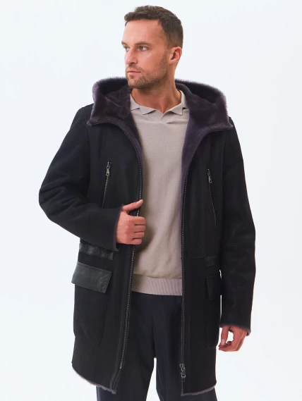 Длинная мужская дубленка с капюшоном премиум класса 429, черная, размер 48, артикул 71461-5