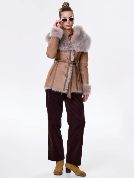 Короткая женская дубленка из тосканы с капюшоном 122, бежевая, размер 40, артикул 61451-1