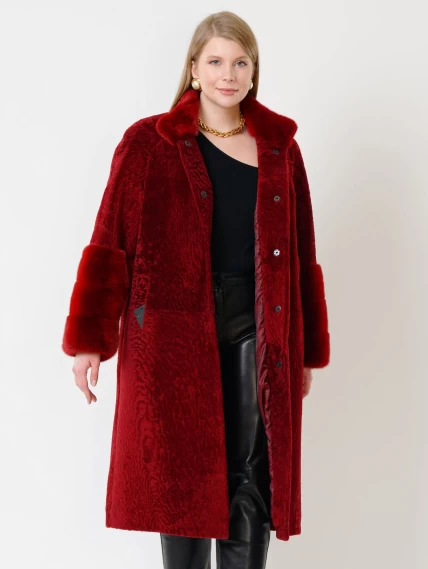 Дубленка из астрагана с отделкой мехом норки для женщин 52мех, бордовая, размер 50, артикул 17540-1