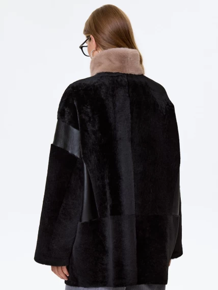 Женское полупальто с норковым воротником из натуральной овчины премиум класса 2057, черное, размер 52, артикул 64330-6
