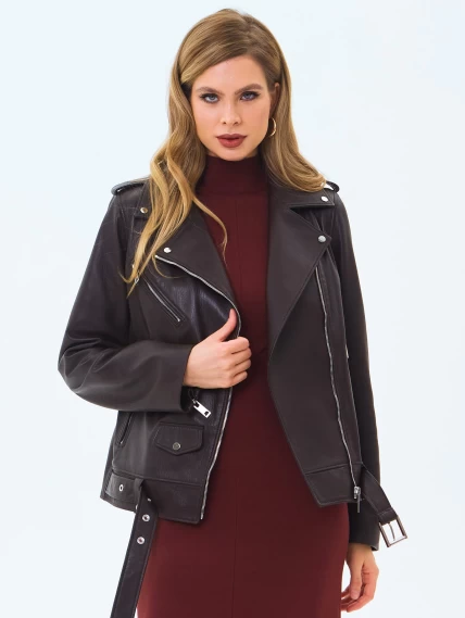 Кожаная женская куртка косуха с поясом премиум класса 3078, коричневая, размер 42, артикул 24580-4