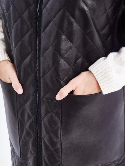 Кожаный женский стеганый жилет премиум класса 07, черный, размер 44, артикул 91971-2