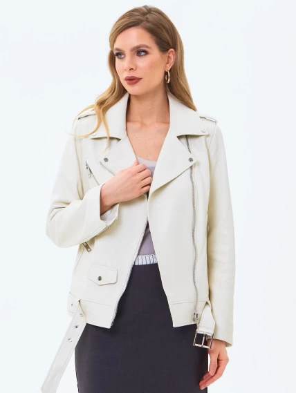 Кожаная женская куртка косуха с поясом премиум класса 3078, белая, размер 42, артикул 24520-4