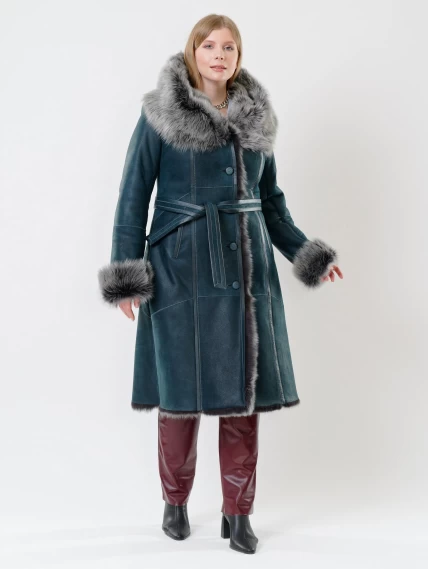 Длинная дубленка из тосканы с капюшоном для женщин 132, синяя, размер 44, артикул 62110-3