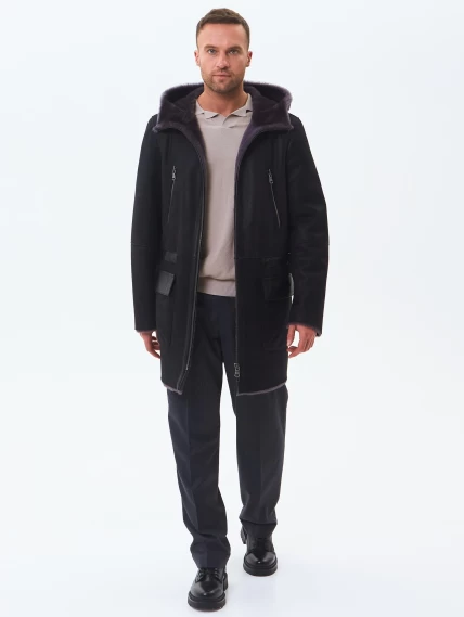 Длинная мужская дубленка с капюшоном премиум класса 429, черная, размер 48, артикул 71461-1
