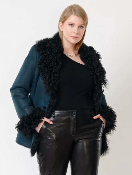 Короткая женская дубленка с овчиной тиградо 289, синяя, размер 42, артикул 62032-5