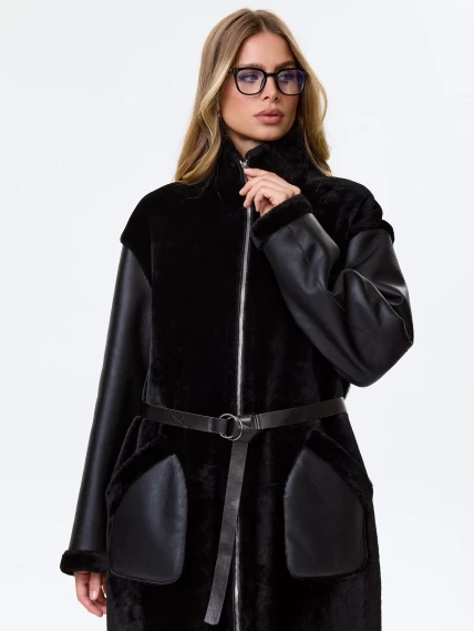 Длинное женское пальто из натуральной овчины премиум класса 2050, черное, размер 46, артикул 64310-6