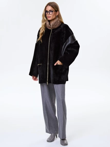 Дубленка на молнии с норковым воротником для женщин премиум класса 2057, черная, размер 52, артикул 62500-6